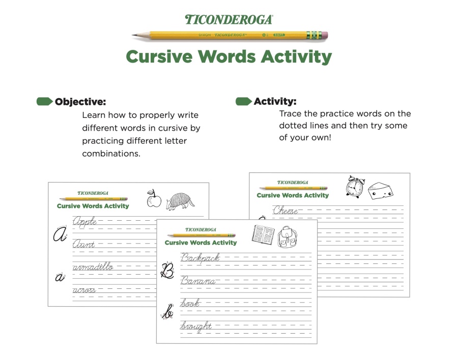 Cursive writing practice worksheets for learning letter combinations and words.