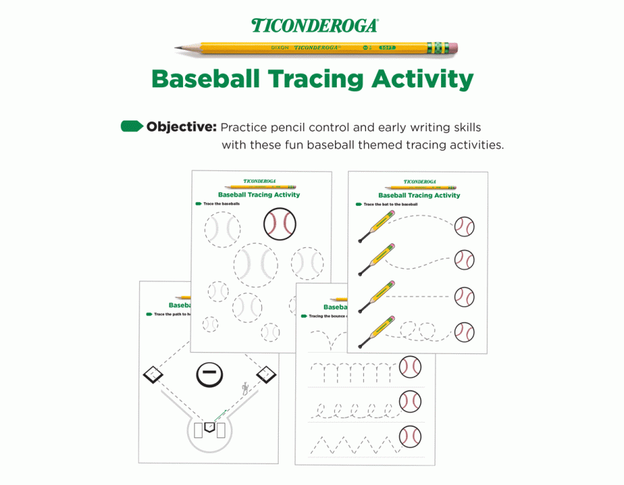 Baseball tracing activity for children to improve pencil control and writing skills.