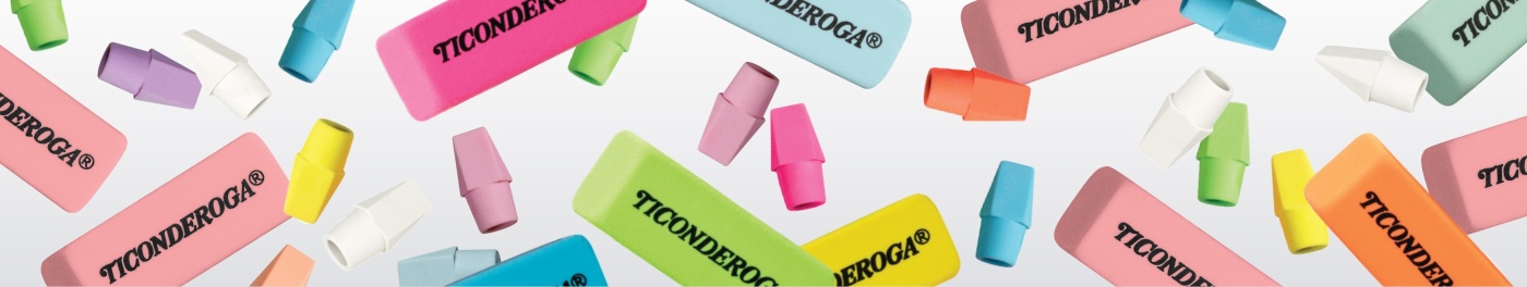 Colorful Ticonderoga erasers scattered on a light background.