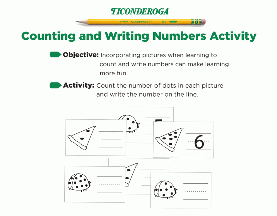 Counting and writing activity for kids featuring fun images and number lines.