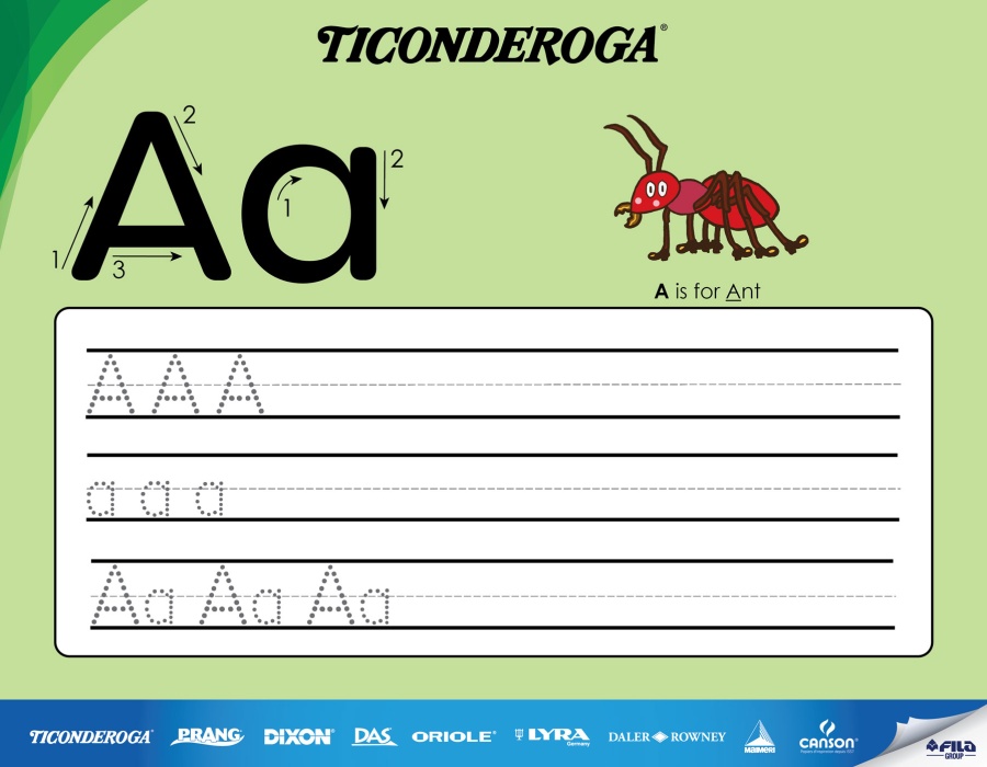 Alphabet practice worksheet featuring the letter 'A' and an ant illustration.