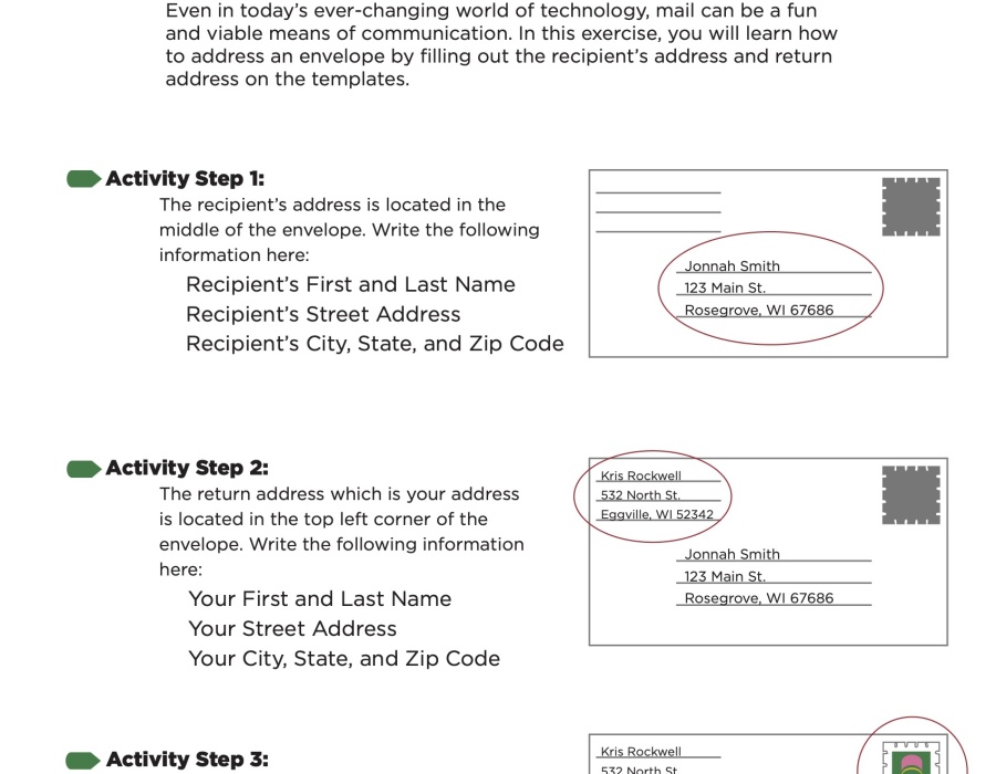 Envelope formatting activity for addressing mail correctly and adding postage.