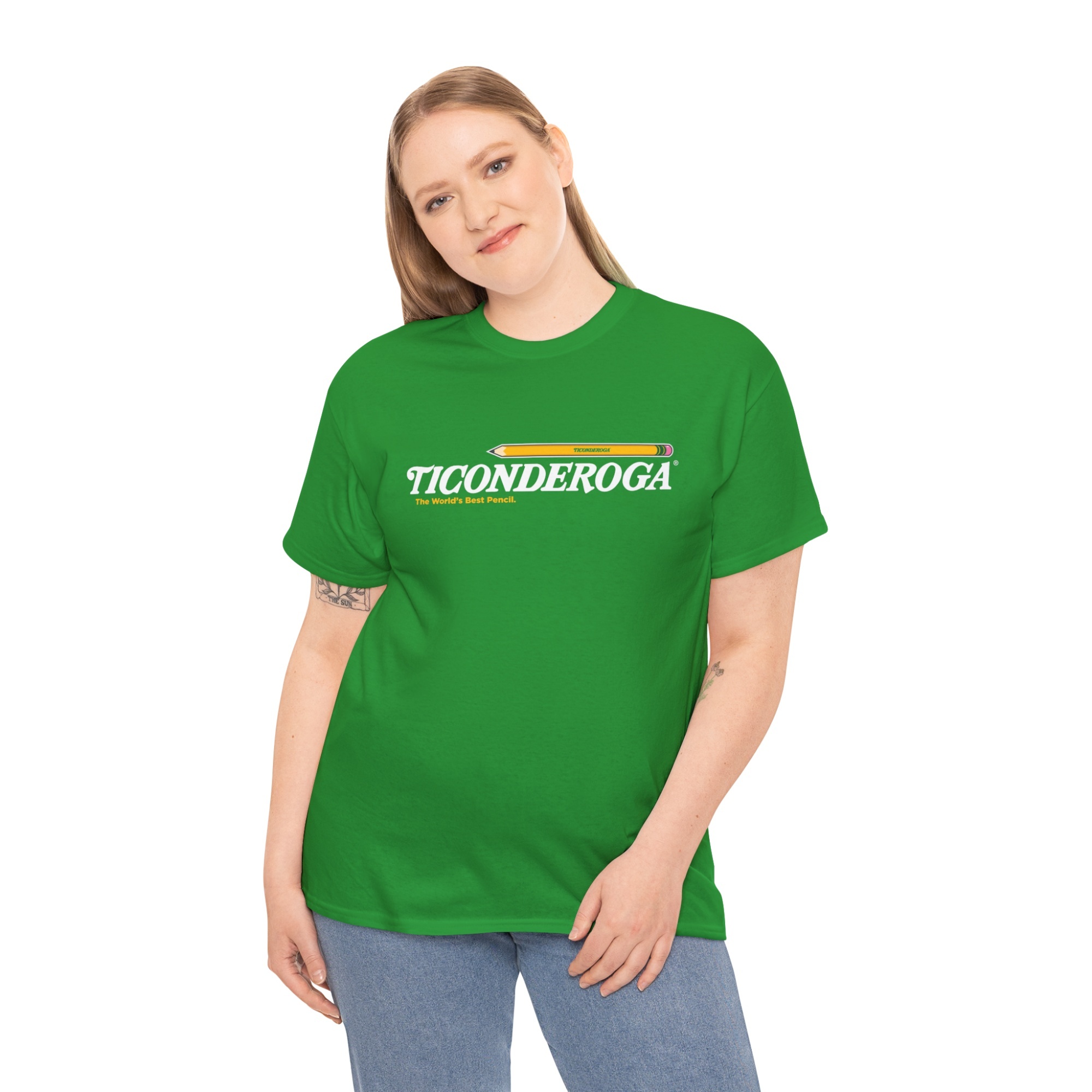 Woman wearing a green Ticonderoga pencil graphic t-shirt. Stylish and fun apparel.