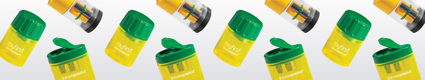 Colorful Ticonderoga sharpeners showcasing "my first" collection design.