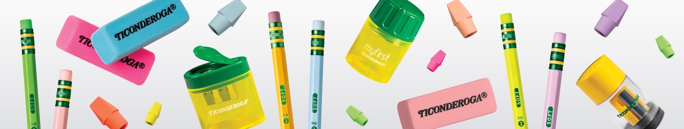Colorful Ticonderoga stationery including pencils, erasers, and sharpeners on a white background.