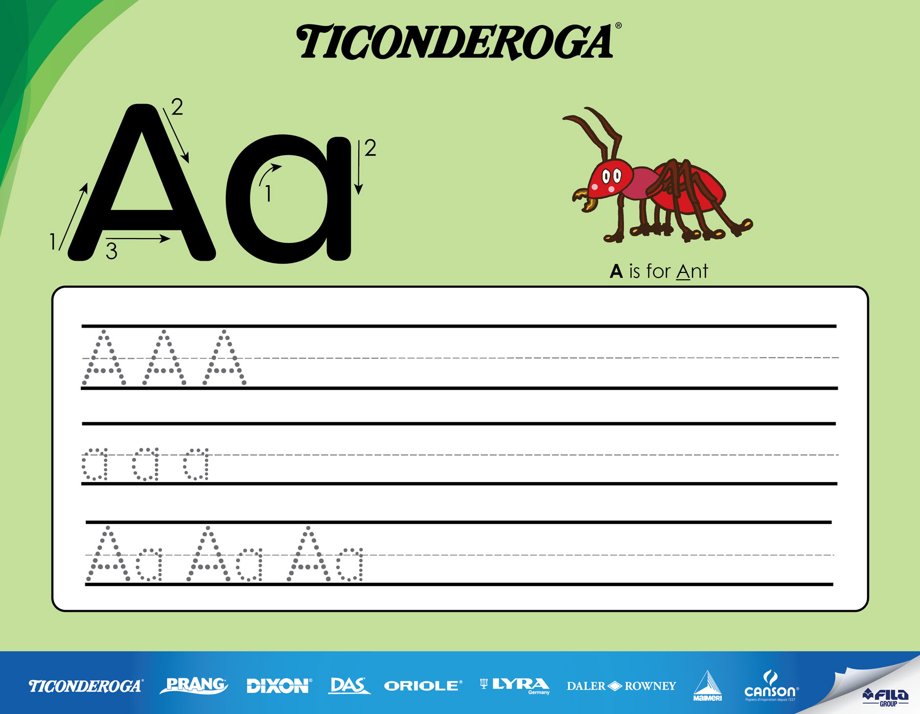 Alphabet practice worksheet featuring the letter 'A' and an ant illustration.