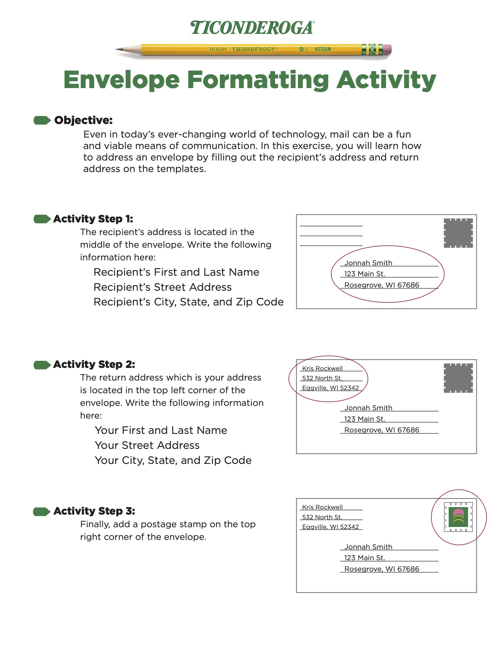 Envelope formatting activity for addressing mail correctly and adding postage.