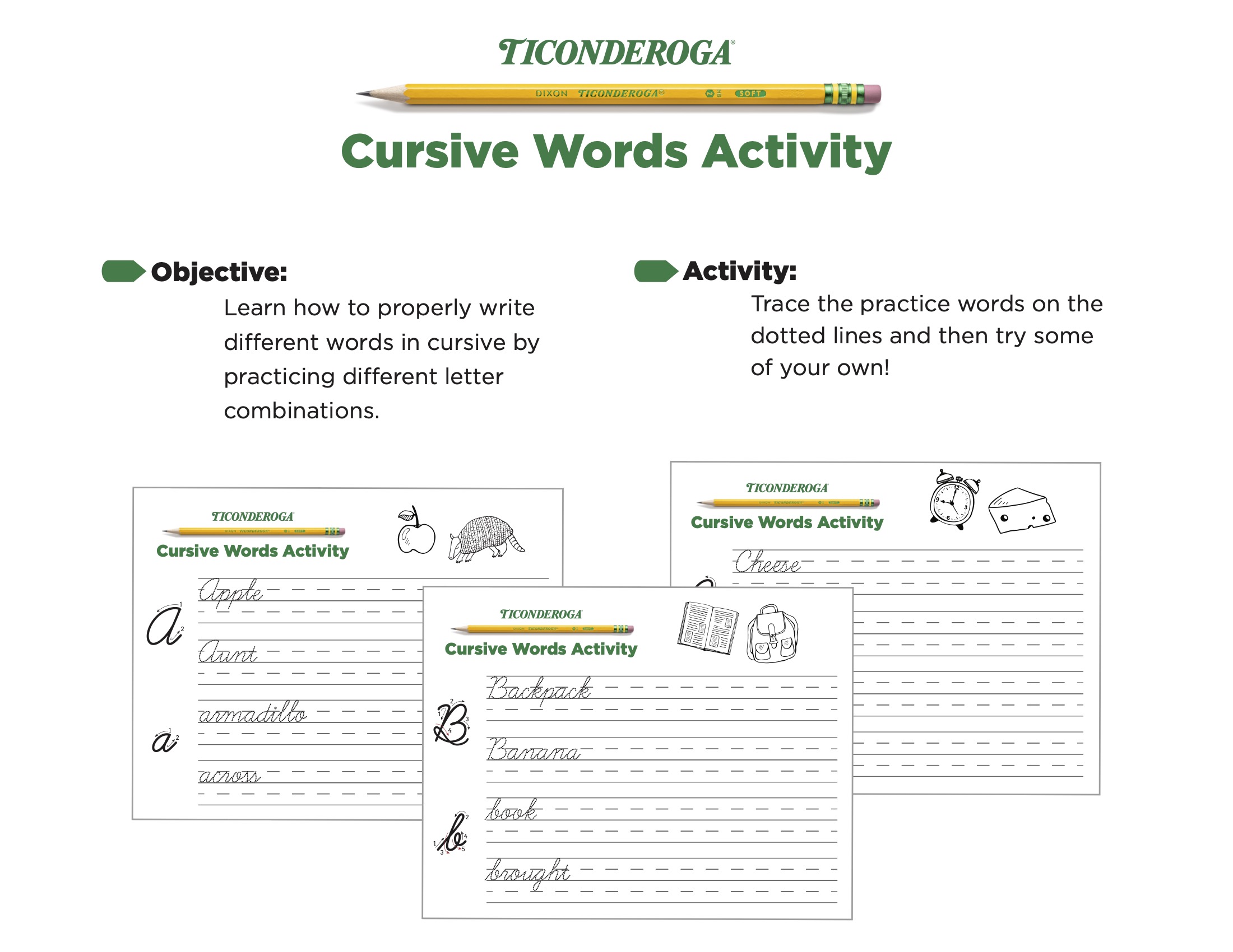 Cursive writing practice worksheets for learning letter combinations and words.