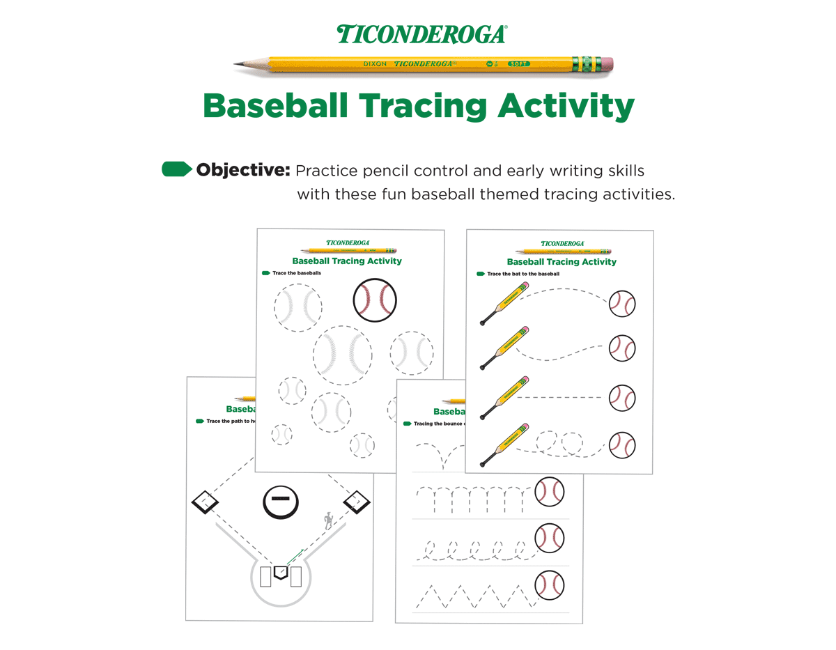 Baseball tracing activity for children to improve pencil control and writing skills.