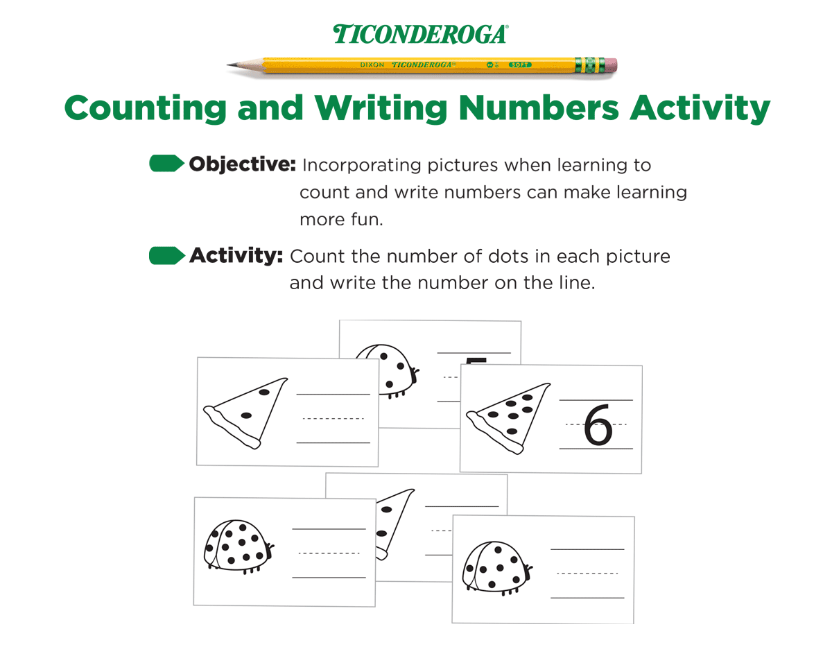 Counting and writing activity for kids featuring fun images and number lines.